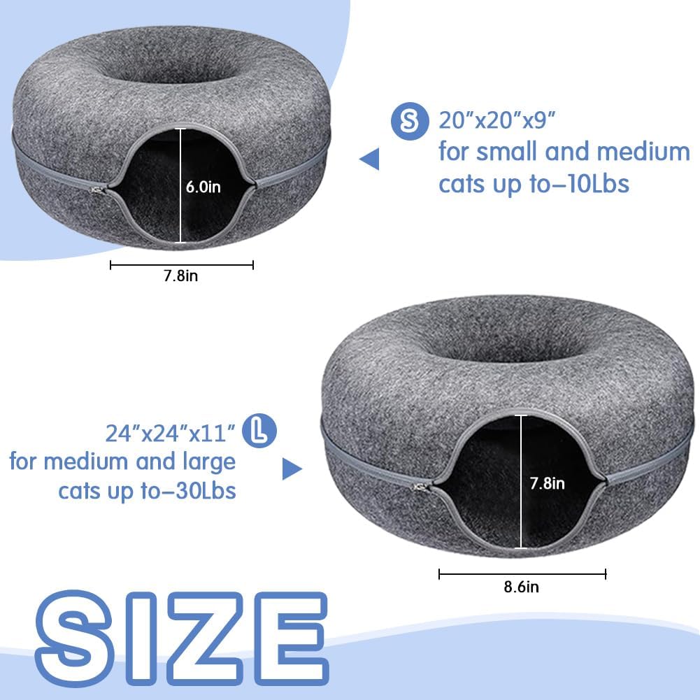 Large Cat Tunnel Bed for Indoor Cats with 3 Toys, Scratch Resistant Donut Cat Bed, up to 30 lbs (L 24x24x11, Dark Grey)