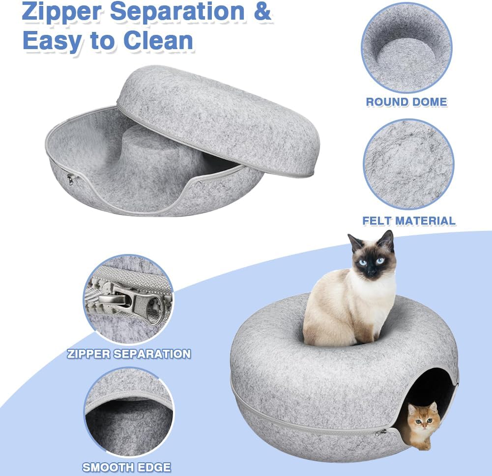 Large Cat Tunnel Bed with Cat Toys, Scratch Resistant Donut, for Indoor Cats, up to 30 lbs (L 24x24x11, Light Grey)