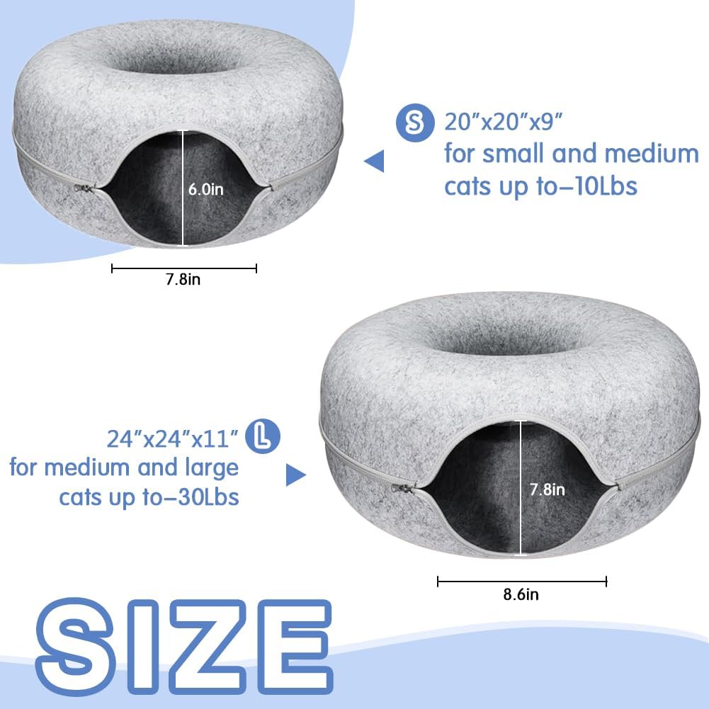 Large Cat Tunnel Bed with Cat Toys, Scratch Resistant Donut, for Indoor Cats, up to 30 lbs (L 24x24x11, Light Grey)