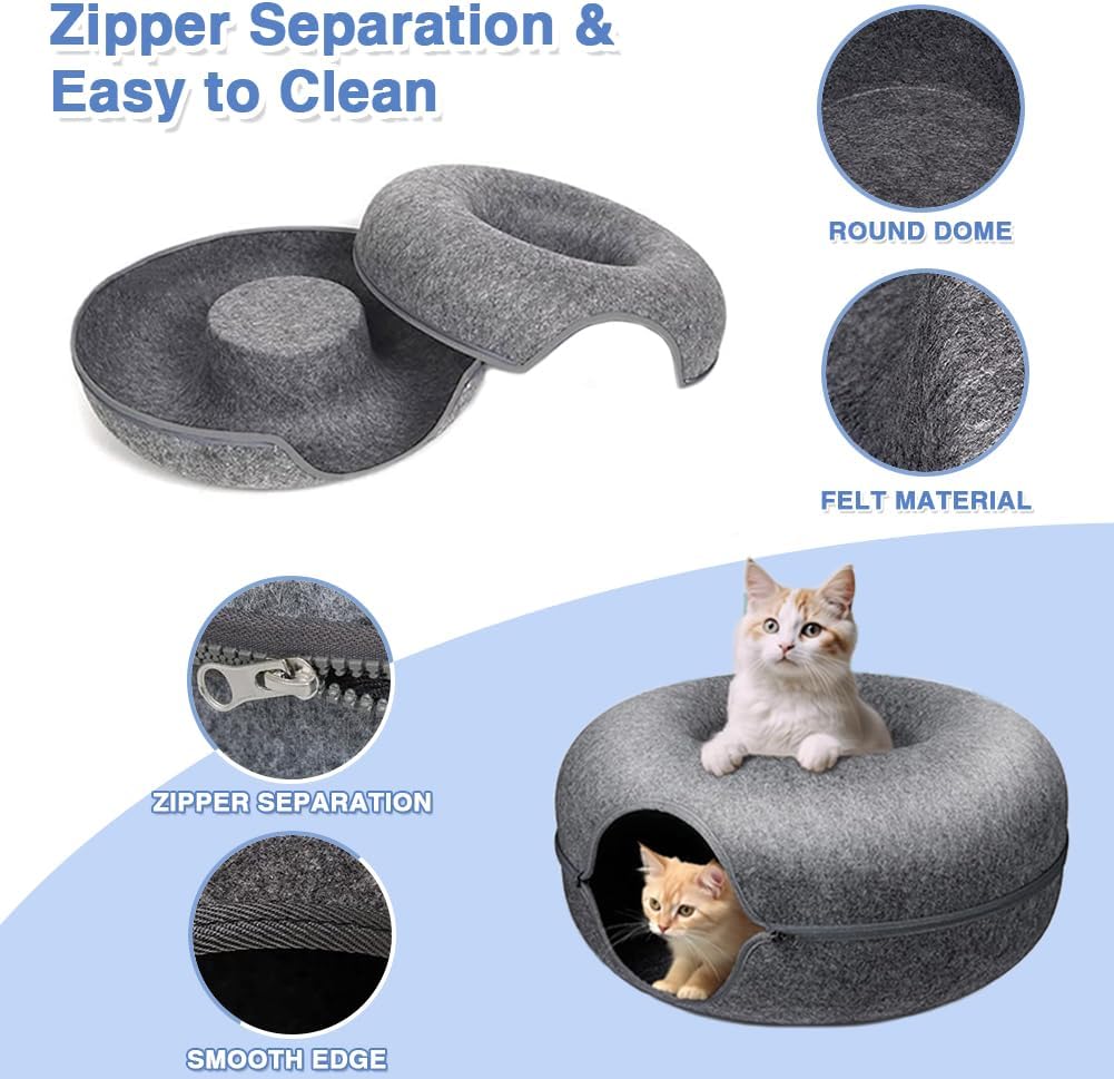 Large Cat Tunnel Bed for Indoor Cats with 3 Toys, Scratch Resistant Donut Cat Bed, up to 30 lbs (L 24x24x11, Dark Grey)