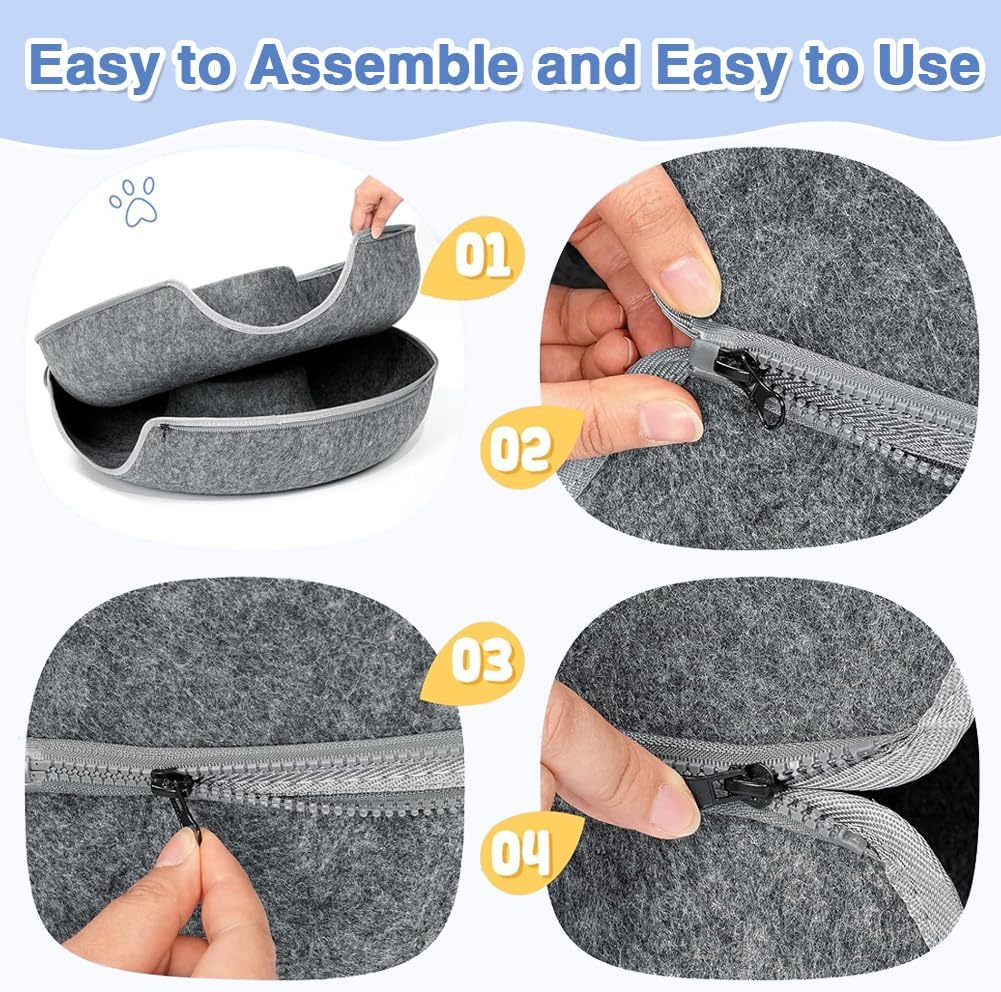 Large Cat Tunnel Bed for Indoor Cats with 3 Toys, Scratch Resistant Donut Cat Bed, up to 30 lbs (L 24x24x11, Dark Grey)