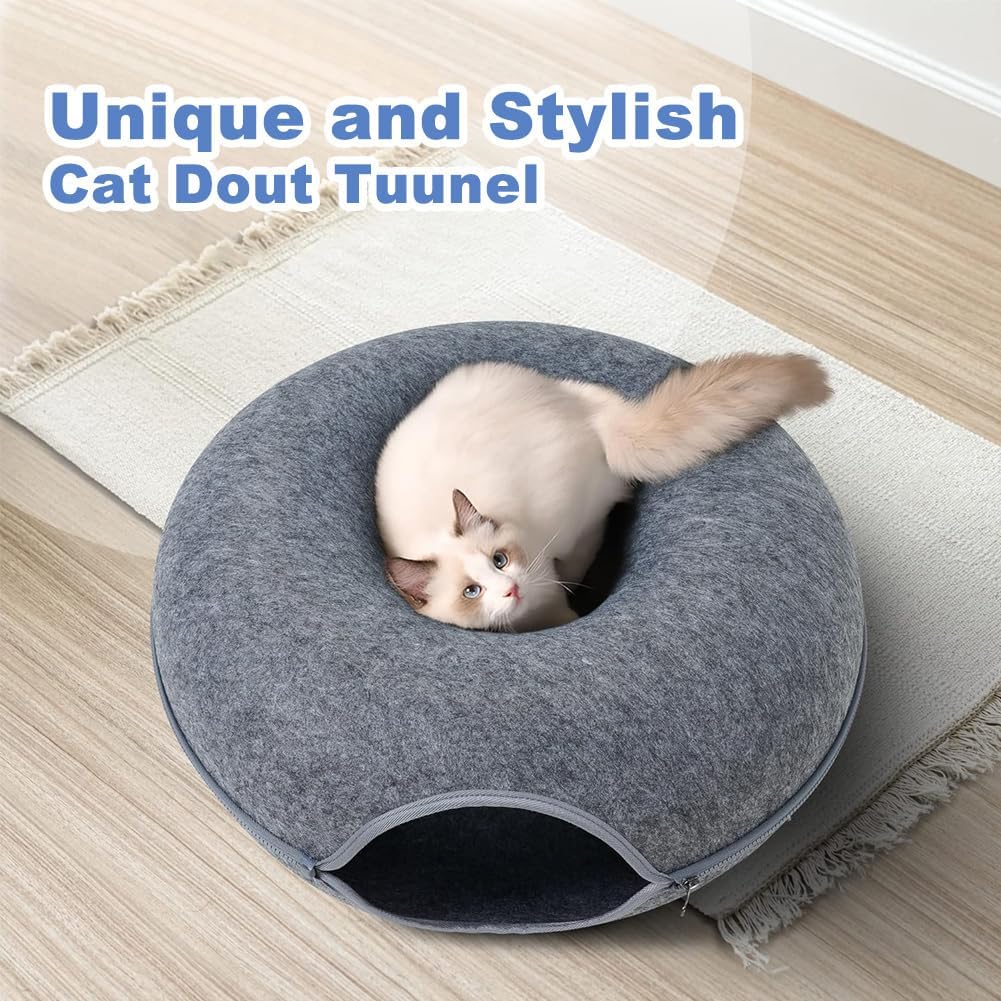 Large Cat Tunnel Bed for Indoor Cats with 3 Toys, Scratch Resistant Donut Cat Bed, up to 30 lbs (L 24x24x11, Dark Grey)
