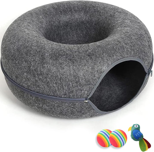 Large Cat Tunnel Bed for Indoor Cats with 3 Toys, Scratch Resistant Donut Cat Bed, up to 30 lbs (L 24x24x11, Dark Grey)