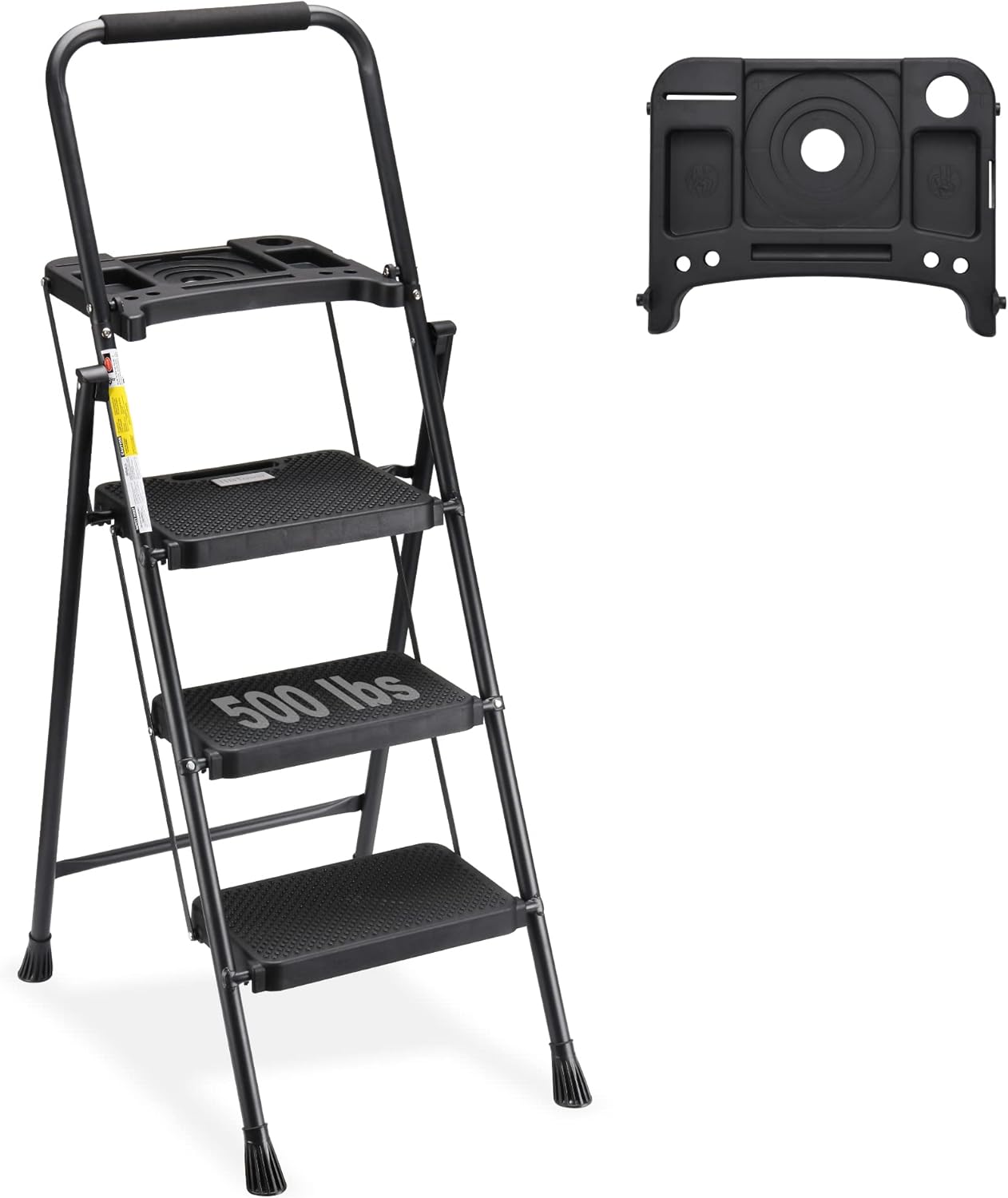 3 Step Ladder with Tool Tray, 500lbs Capacity, Foldable Step Stool with Wide Non-Slip Pedal and Comfort Handgrip, Black