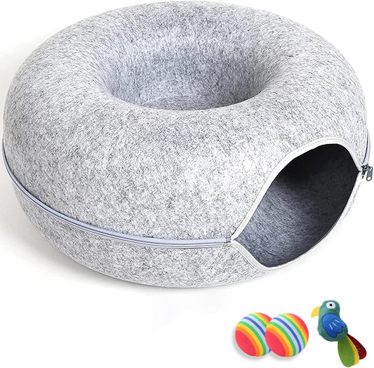 Large Cat Tunnel Bed with Cat Toys, Scratch Resistant Donut, for Indoor Cats, up to 30 lbs (L 24x24x11, Light Grey)