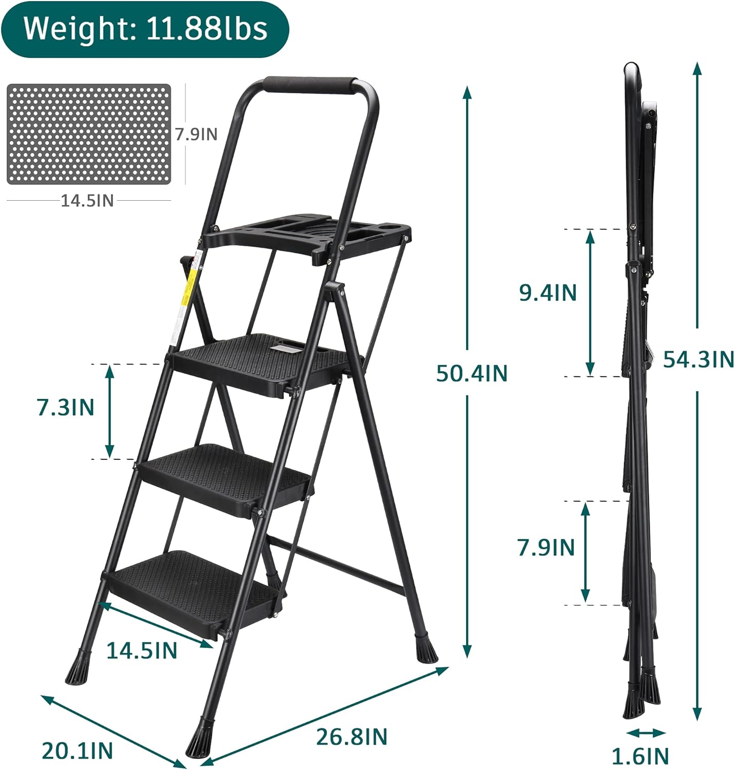 3 Step Ladder with Tool Tray, 500lbs Capacity, Foldable Step Stool with Wide Non-Slip Pedal and Comfort Handgrip, Black